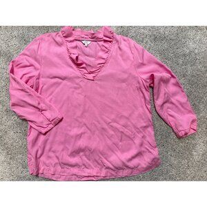 Crown & Ivy Pink Ruffle V-Neck Blouse Womens L 3/4 Sleeve Tencel Lyocell Lightwe